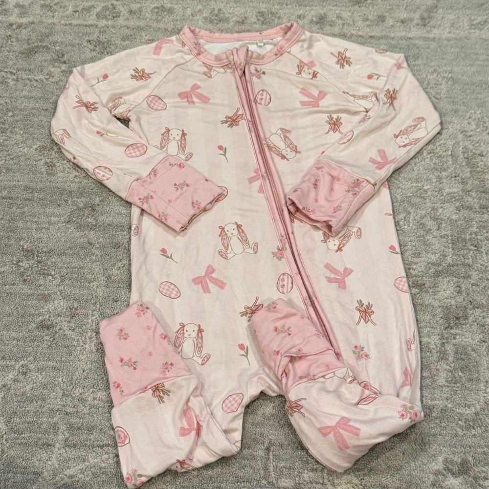 In My Jammers Easter Bamboo Pajama Sleeper 6-9 Mo Pink Egg Bow Bunny Coquette